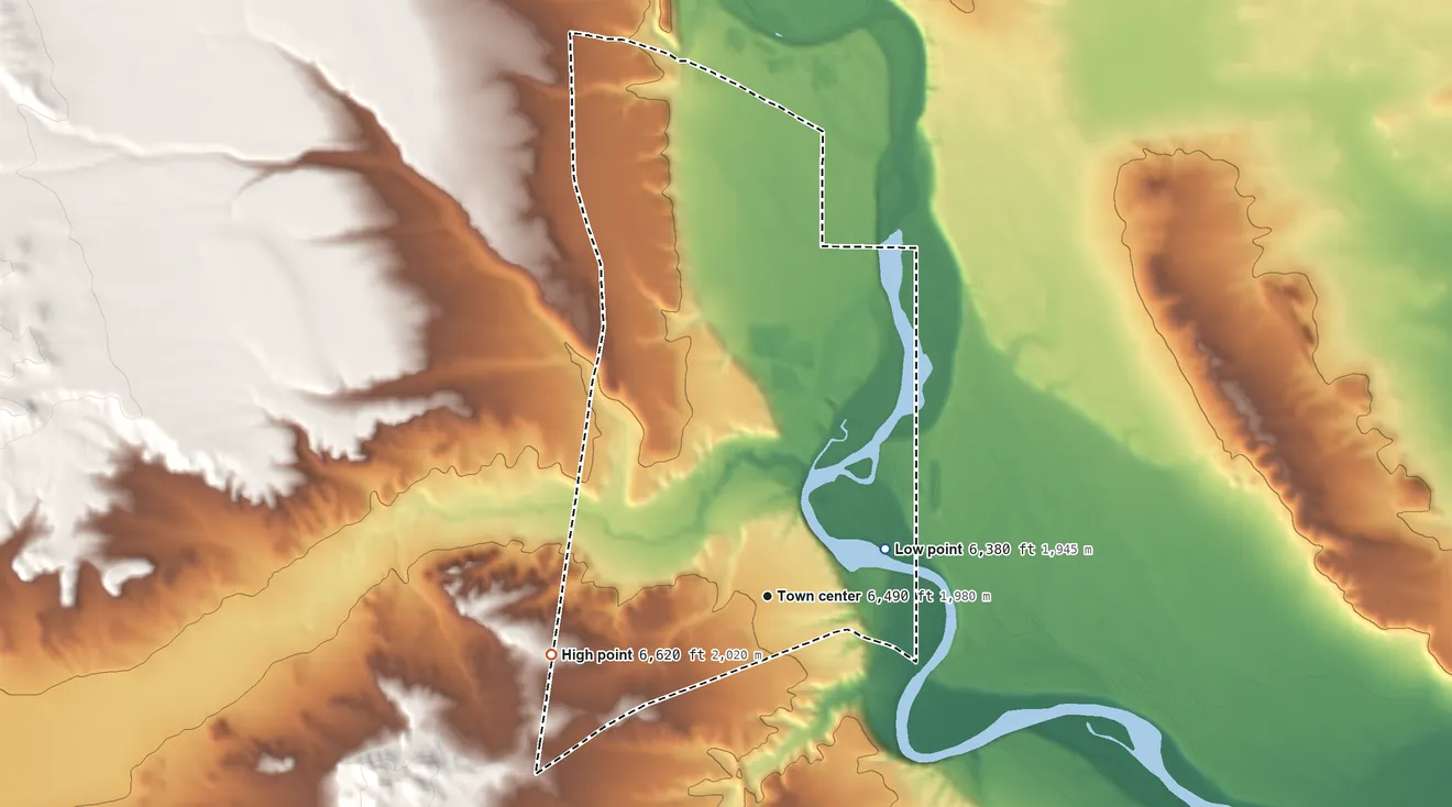 Topographic elevation map of Fontenelle, Wyoming, shaded from 6,380 ft on the east side to 6,620 ft on the west side