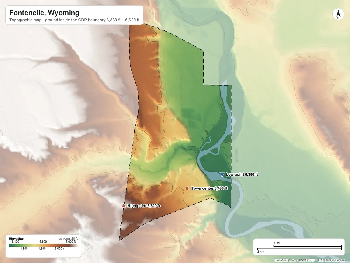 Topographic elevation map of Fontenelle, Wyoming, shaded from 6,380 ft on the east side to 6,620 ft on the west side