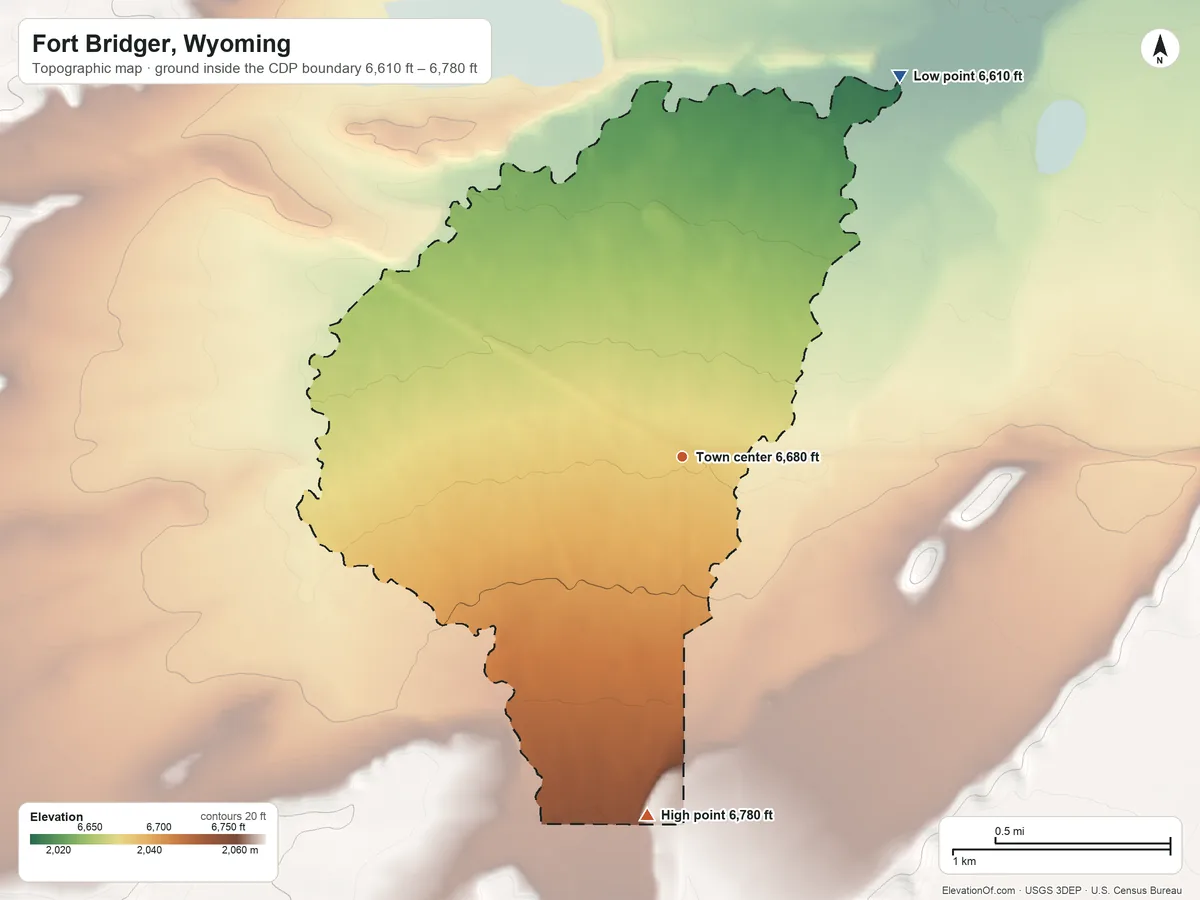 Topographic elevation map of Fort Bridger, Wyoming, shaded from 6,610 ft on the northeast side to 6,780 ft on the south side