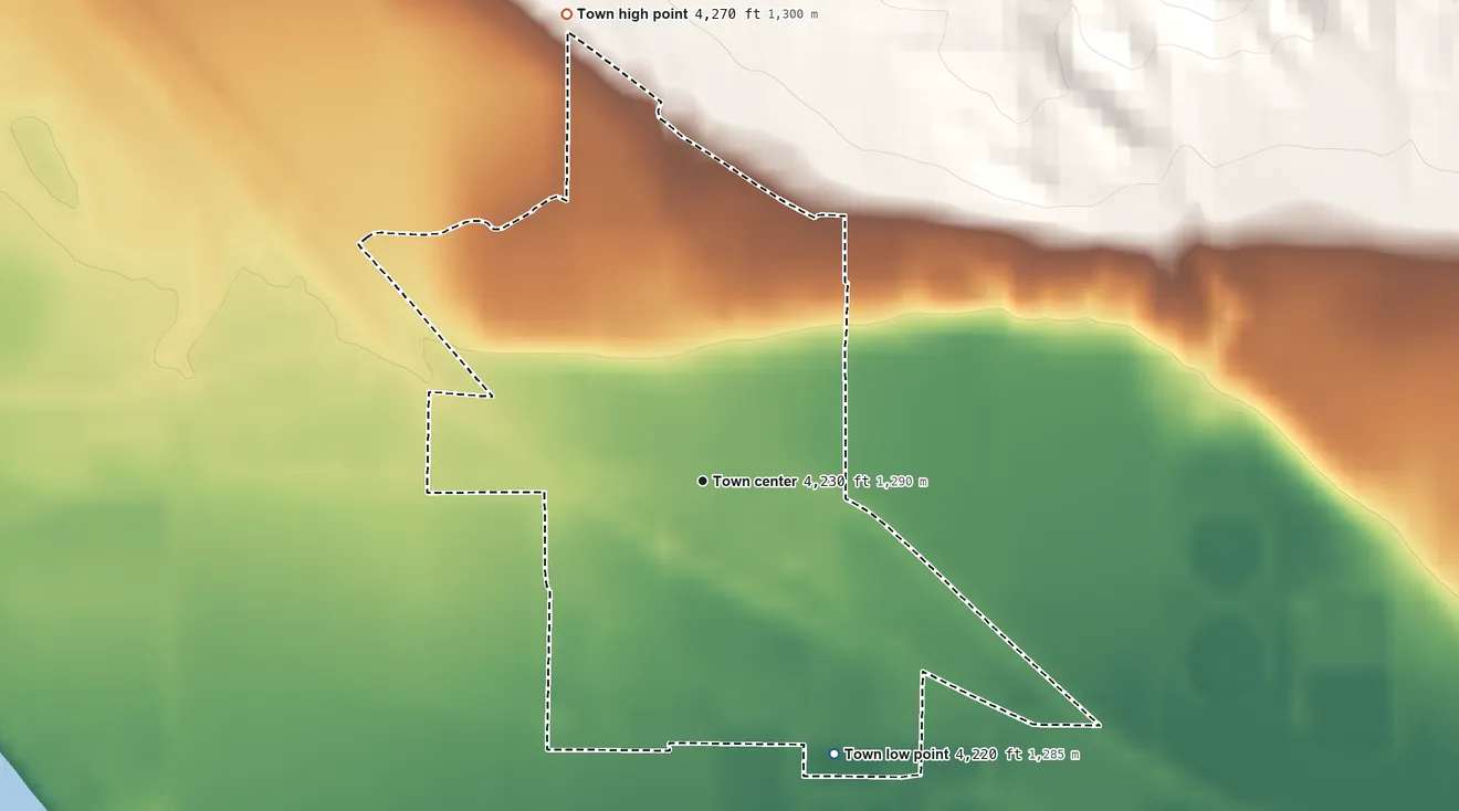 Topographic elevation map of Fort Laramie, Wyoming, shaded from 4,220 ft on the southeast side to 4,270 ft on the north side