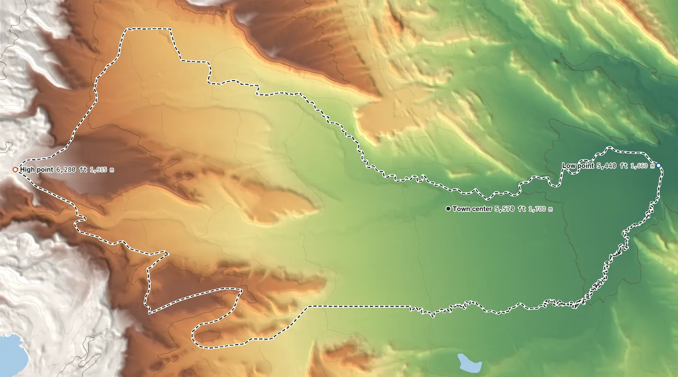 Topographic elevation map of Fort Washakie, Wyoming, shaded from 5,440 ft on the east side to 6,280 ft at the foot of the Sand Hills