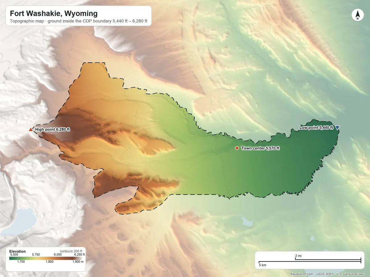 Topographic elevation map of Fort Washakie, Wyoming, shaded from 5,440 ft on the east side to 6,280 ft at the foot of the Sand Hills