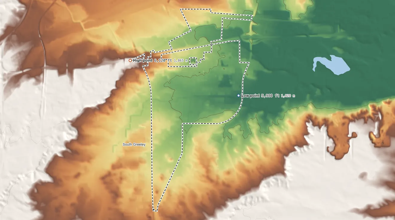 Topographic elevation map of Fox Farm-College, Wyoming, shaded from 5,980 ft on the east side to 6,120 ft on the northwest side