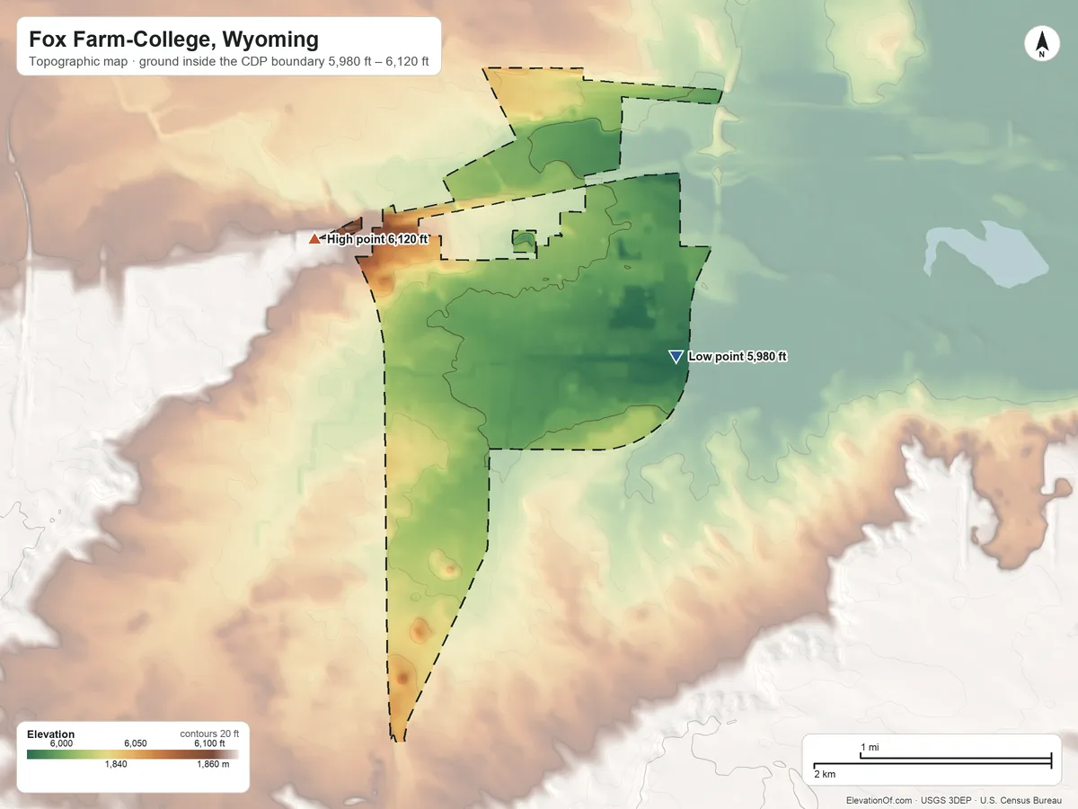 Topographic elevation map of Fox Farm-College, Wyoming, shaded from 5,980 ft on the east side to 6,120 ft on the northwest side