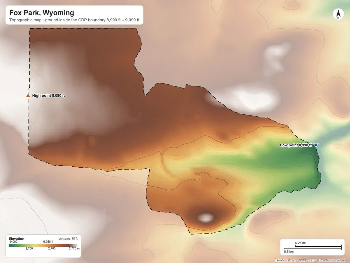 Topographic elevation map of Fox Park, Wyoming, shaded from 8,990 ft on the east side to 9,090 ft on the west side