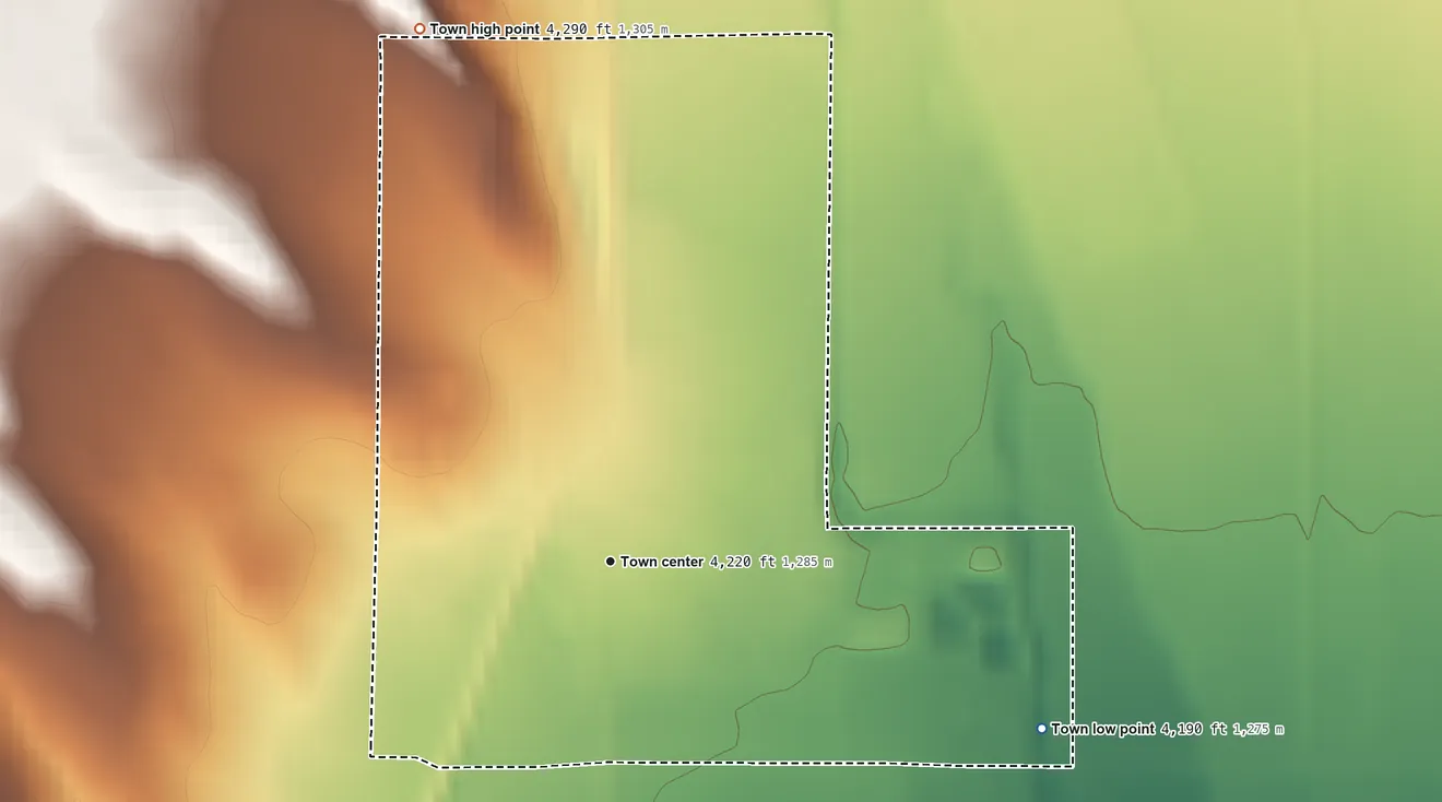 Topographic elevation map of Frannie, Wyoming, shaded from 4,190 ft on the east side to 4,290 ft on the north edge, below higher ground just outside