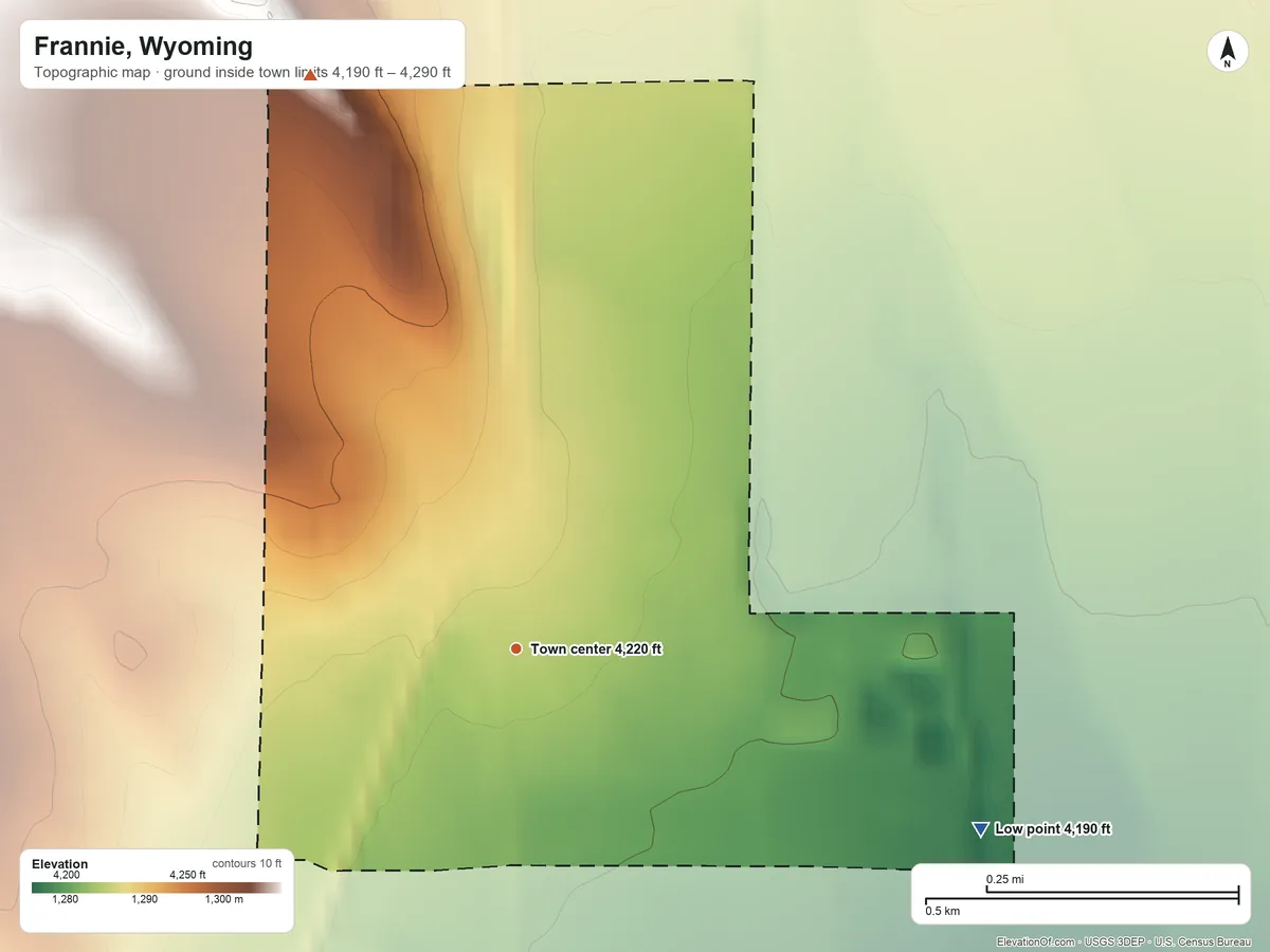 Topographic elevation map of Frannie, Wyoming, shaded from 4,190 ft on the east side to 4,290 ft on the north edge, below higher ground just outside