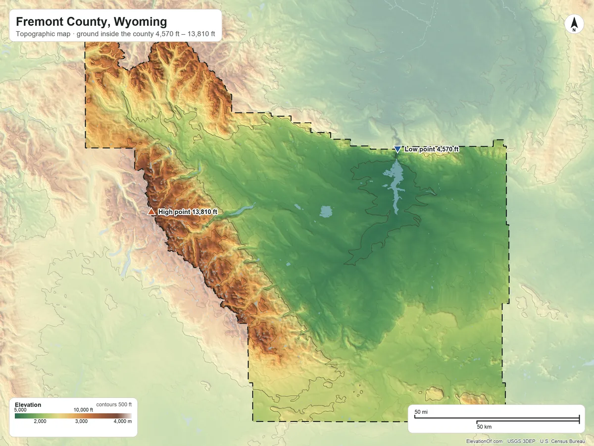Topographic elevation map of Fremont County, Wyoming, shaded from 4,570 ft on the northeast side to 13,810 ft on Gannett Peak