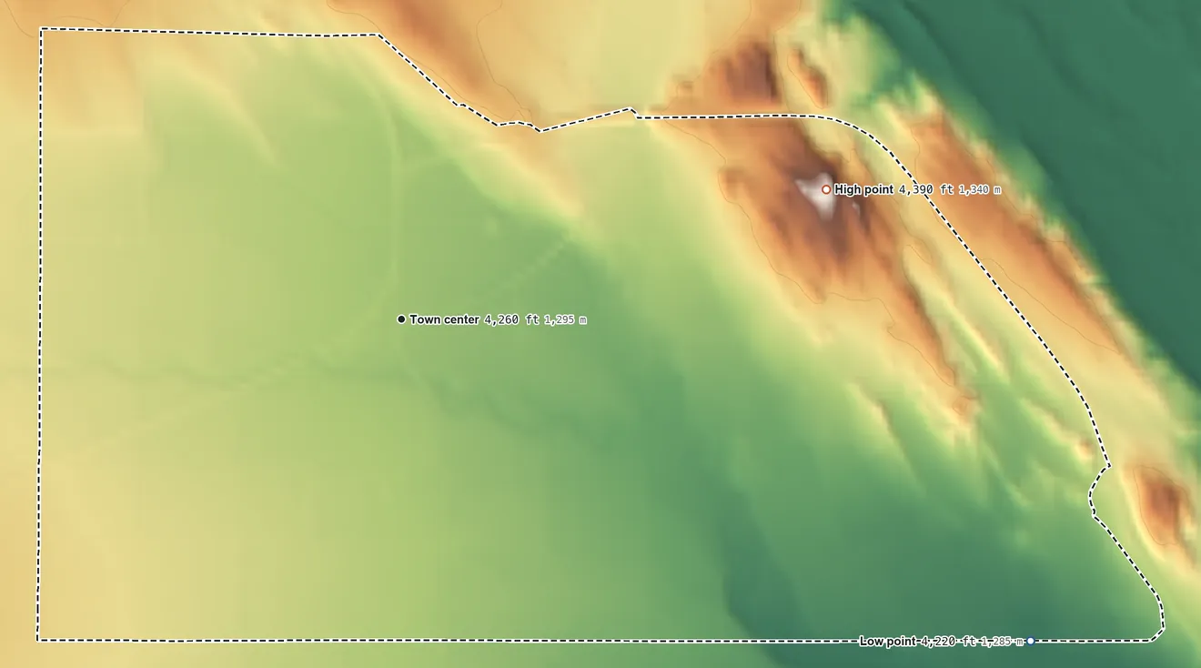 Topographic elevation map of Garland, Wyoming, shaded from 4,220 ft on the southeast side to 4,390 ft on the east side