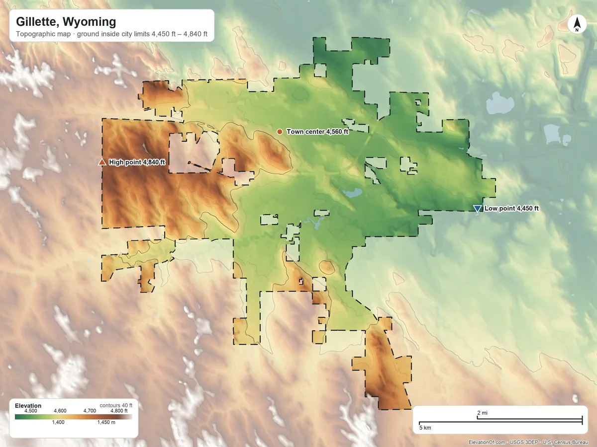 Topographic elevation map of Gillette, Wyoming, shaded from 4,450 ft on the east side to 4,840 ft on the west side