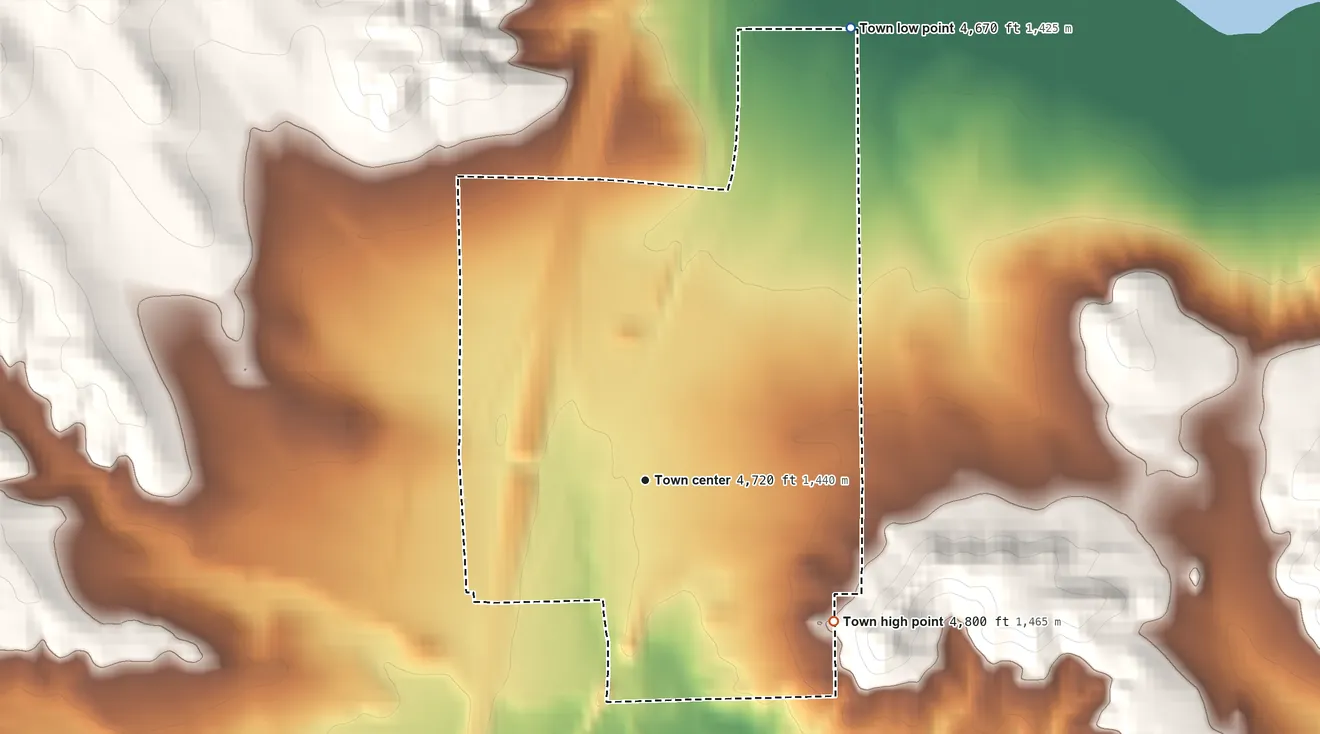 Topographic elevation map of Glendo, Wyoming, shaded from 4,670 ft on the northeast side to 4,800 ft on the southeast side