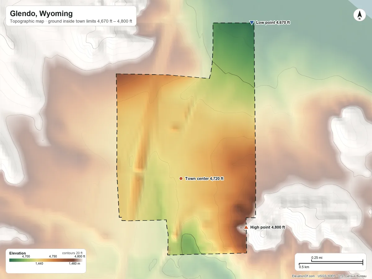 Topographic elevation map of Glendo, Wyoming, shaded from 4,670 ft on the northeast side to 4,800 ft on the southeast side
