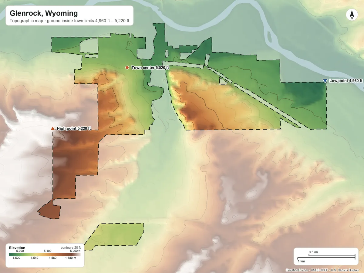 Topographic elevation map of Glenrock, Wyoming, shaded from 4,960 ft on the east side to 5,220 ft on the southwest side