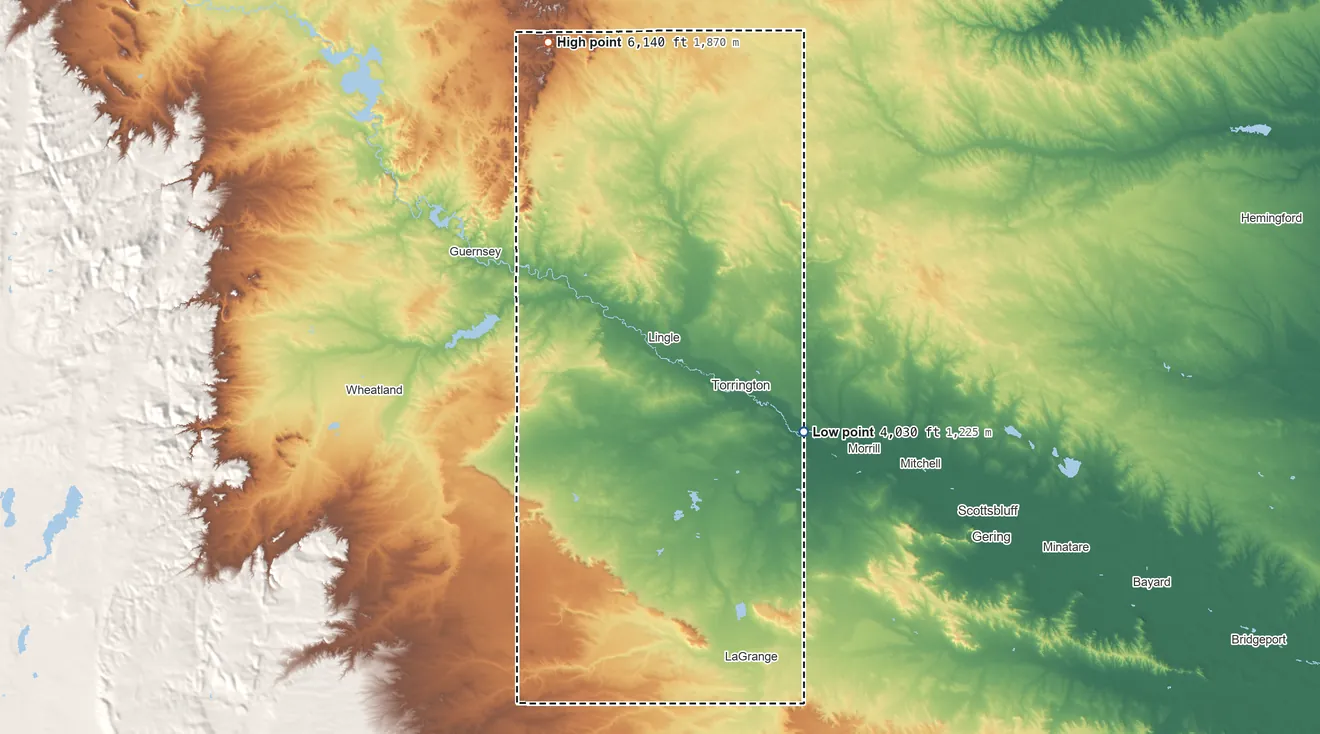 Topographic elevation map of Goshen County, Wyoming, shaded from 4,030 ft on the southeast side to 6,140 ft on the north side