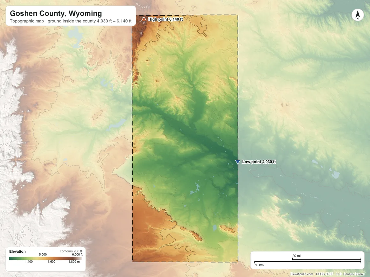 Topographic elevation map of Goshen County, Wyoming, shaded from 4,030 ft on the southeast side to 6,140 ft on the north side