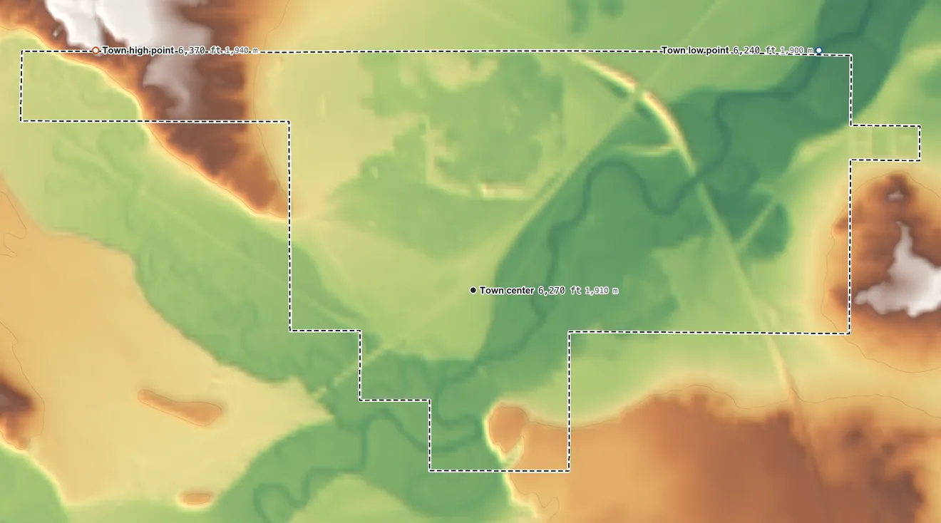 Topographic elevation map of Granger, Wyoming, shaded from 6,240 ft on the northeast side to 6,370 ft on the northwest side