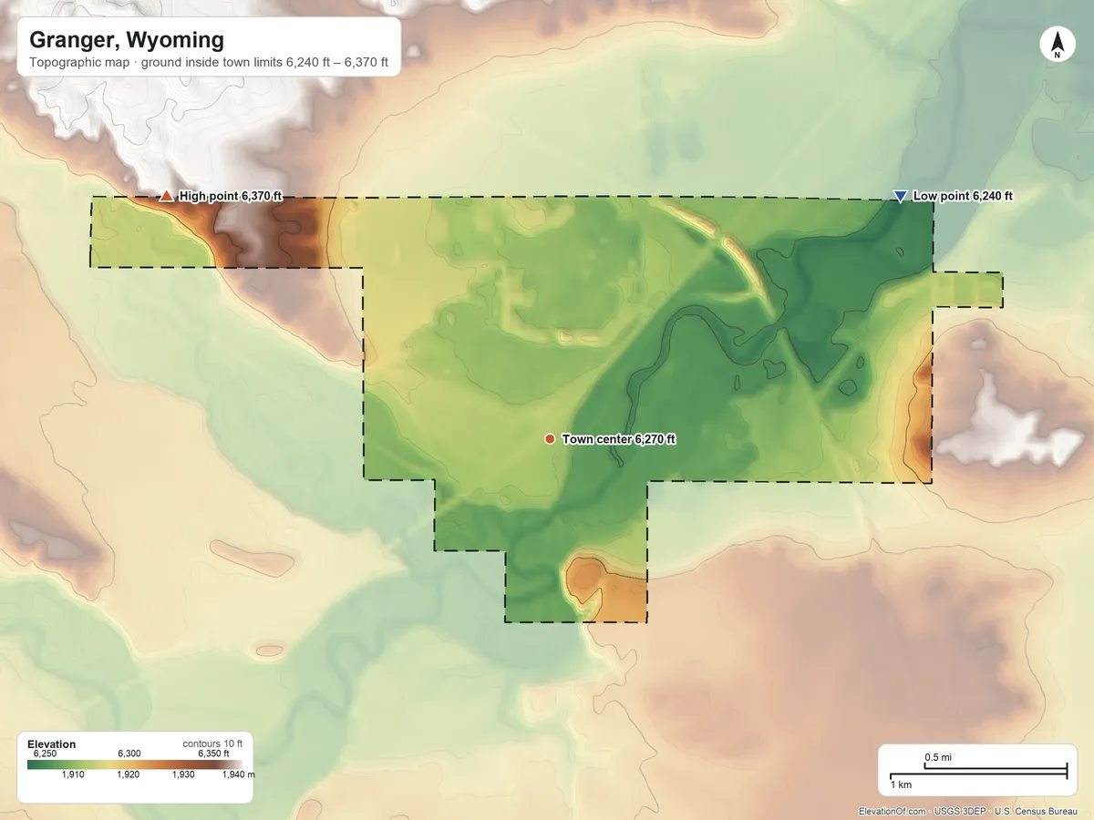 Topographic elevation map of Granger, Wyoming, shaded from 6,240 ft on the northeast side to 6,370 ft on the northwest side