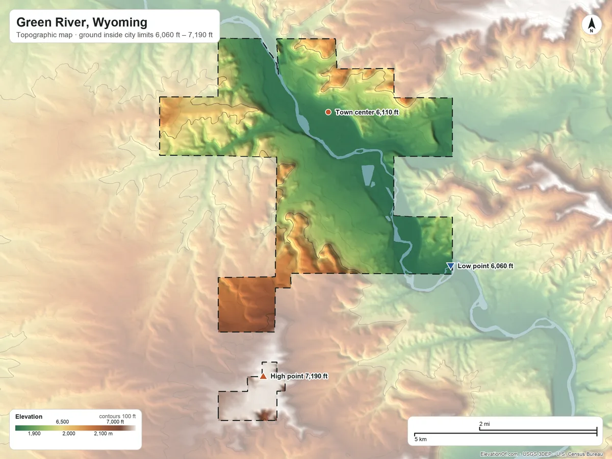Topographic elevation map of Green River, Wyoming, shaded from 6,060 ft on the southeast side to 7,190 ft on the south side