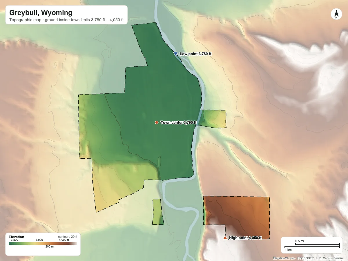 Topographic elevation map of Greybull, Wyoming, shaded from 3,780 ft on the north side to 4,050 ft on the southeast side