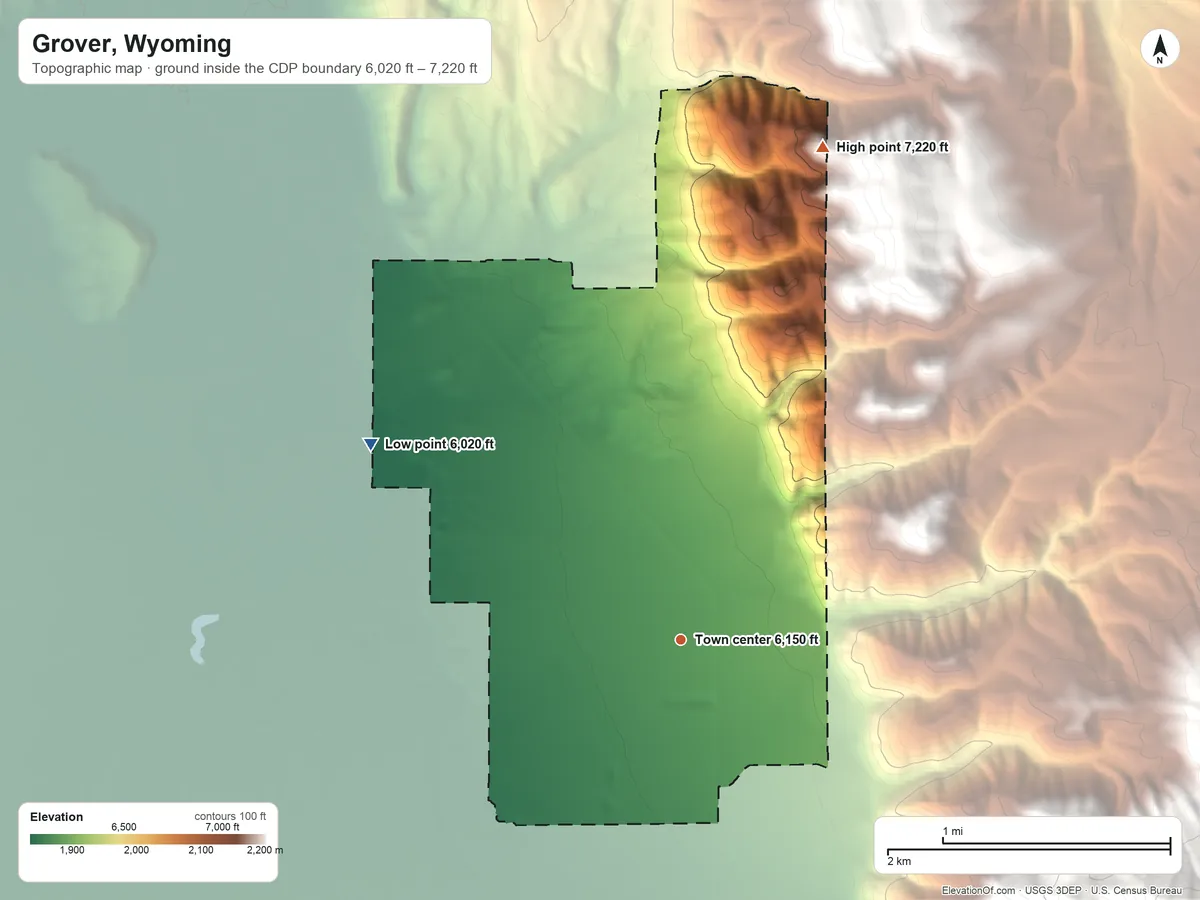 Topographic elevation map of Grover, Wyoming, shaded from 6,020 ft on the northwest side to 7,220 ft on the north side