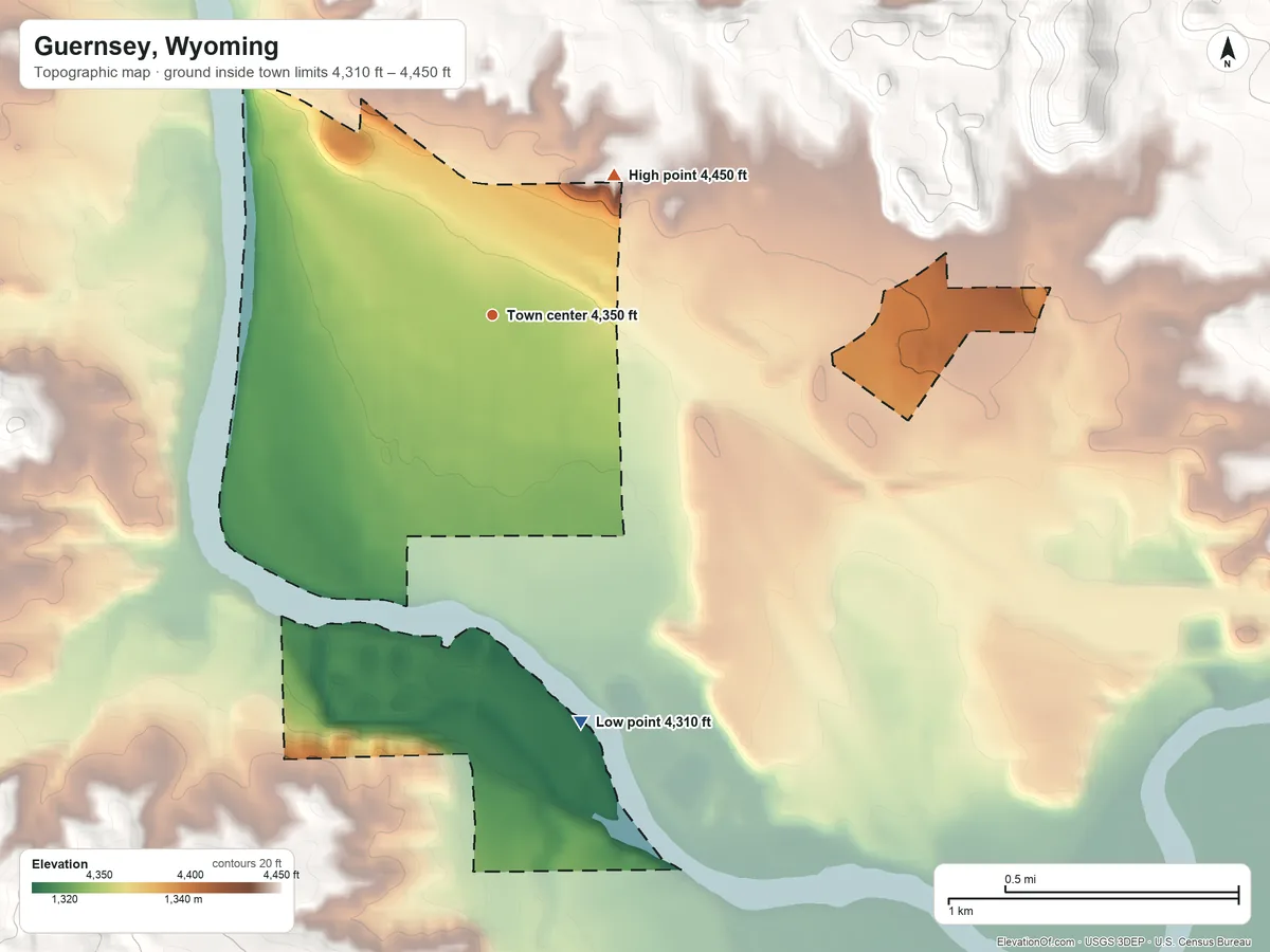 Topographic elevation map of Guernsey, Wyoming, shaded from 4,310 ft on the south side to 4,450 ft at the foot of the Haystack Range