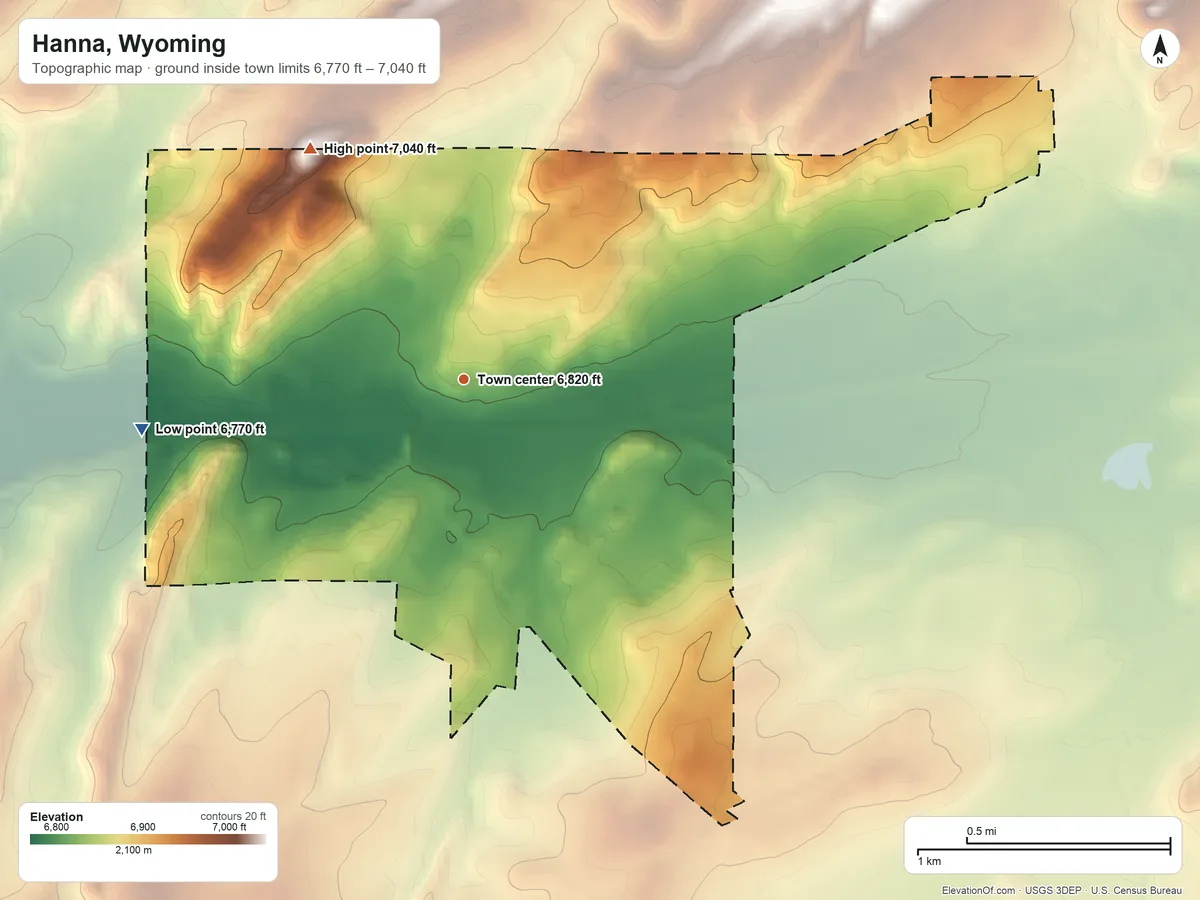Topographic elevation map of Hanna, Wyoming, shaded from 6,770 ft on the west side to 7,040 ft on the northwest side