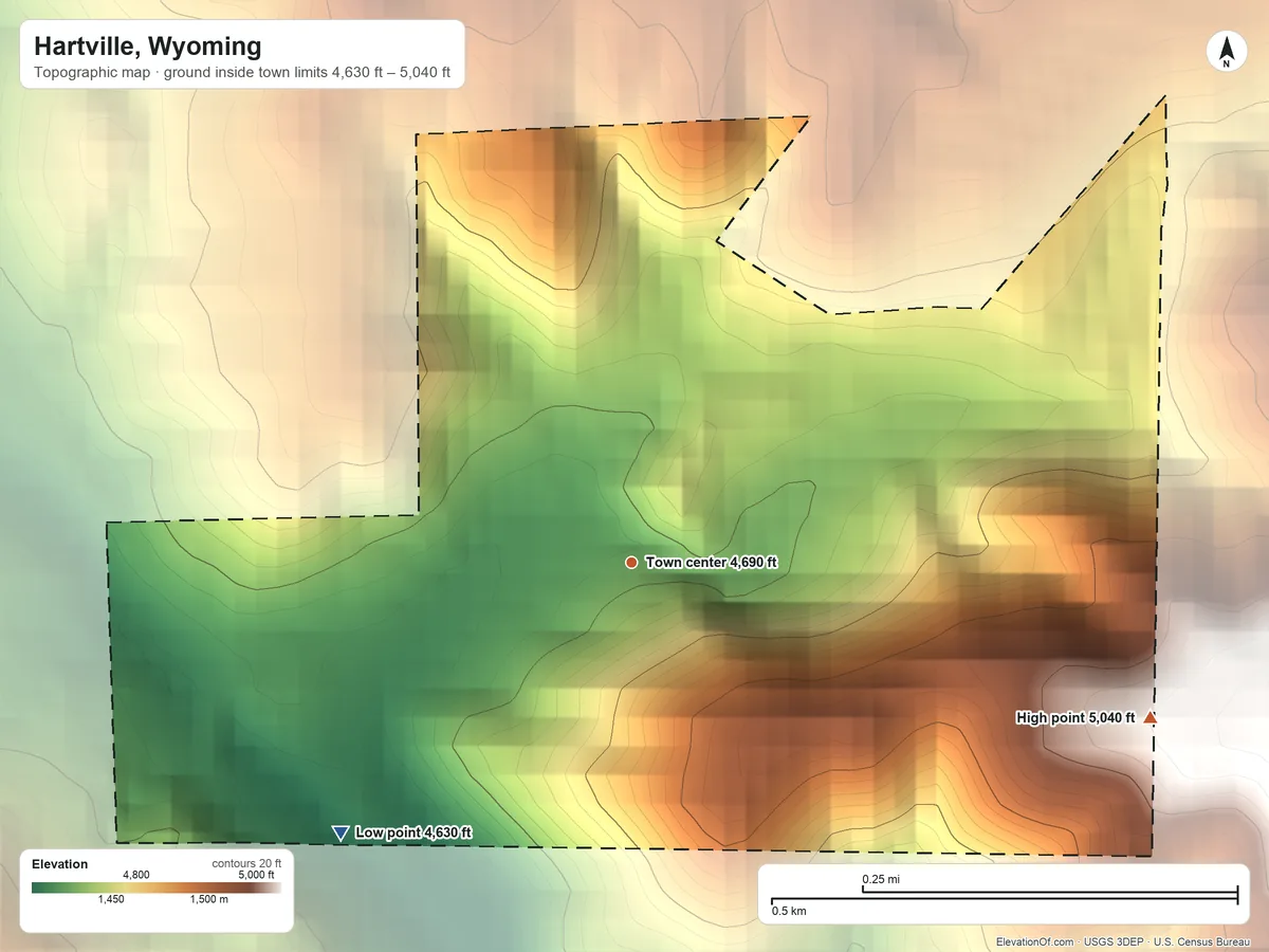 Topographic elevation map of Hartville, Wyoming, shaded from 4,630 ft on the southwest side to 5,040 ft on the east side