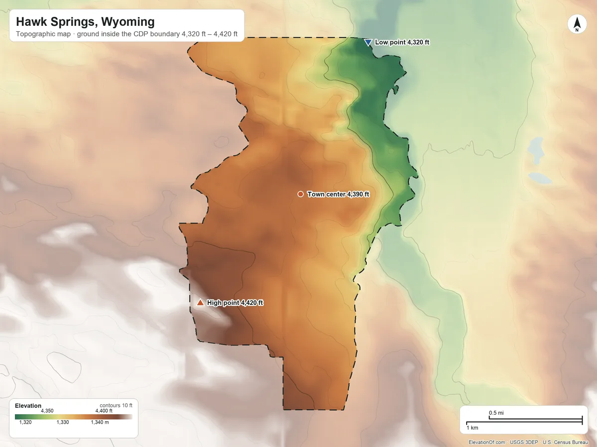 Topographic elevation map of Hawk Springs, Wyoming, shaded from 4,320 ft on the northeast side to 4,420 ft on the southwest side