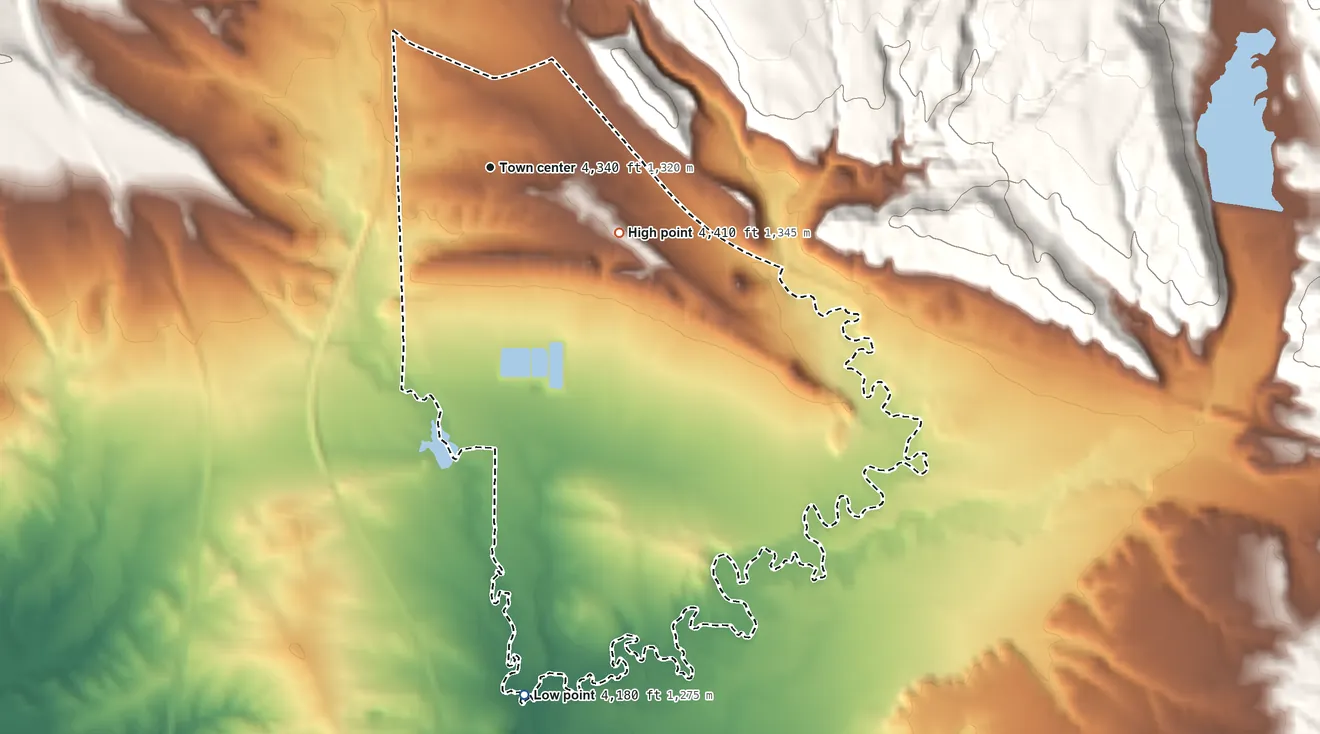 Topographic elevation map of Hill View Heights, Wyoming, shaded from 4,180 ft on the south side to 4,410 ft on the southeast edge, below higher ground just outside
