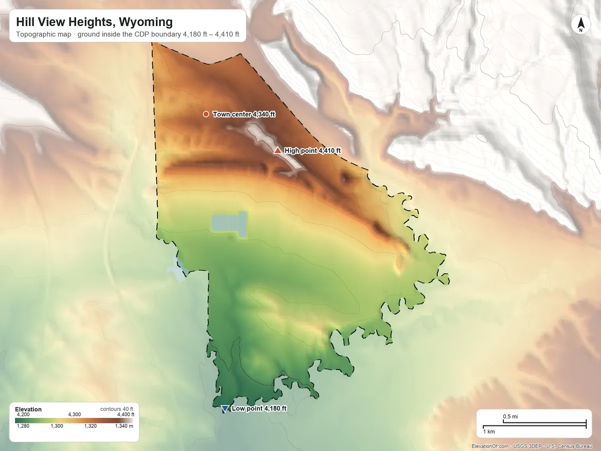 Topographic elevation map of Hill View Heights, Wyoming, shaded from 4,180 ft on the south side to 4,410 ft on the southeast edge, below higher ground just outside