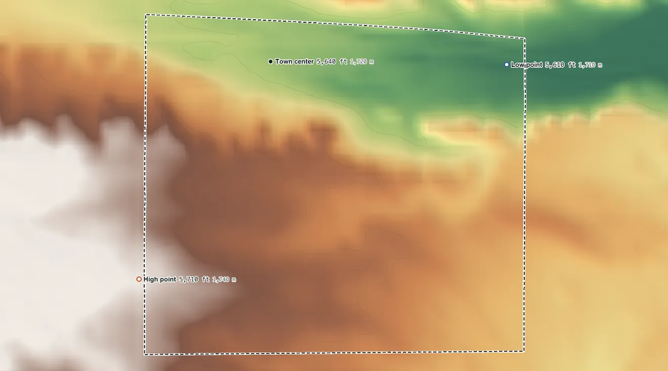 Topographic elevation map of Hillsdale, Wyoming, shaded from 5,610 ft on the east side to 5,710 ft on the southwest side