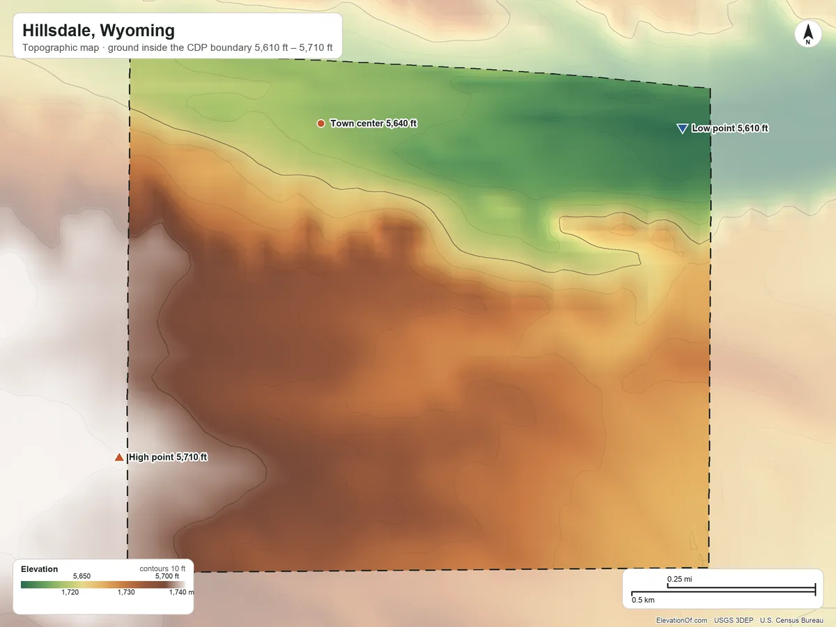 Topographic elevation map of Hillsdale, Wyoming, shaded from 5,610 ft on the east side to 5,710 ft on the southwest side
