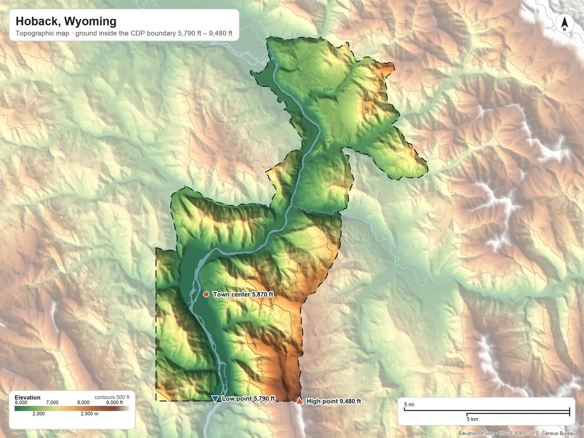 Topographic elevation map of Hoback, Wyoming, shaded from 5,790 ft on the south side to 9,480 ft on the southeast side