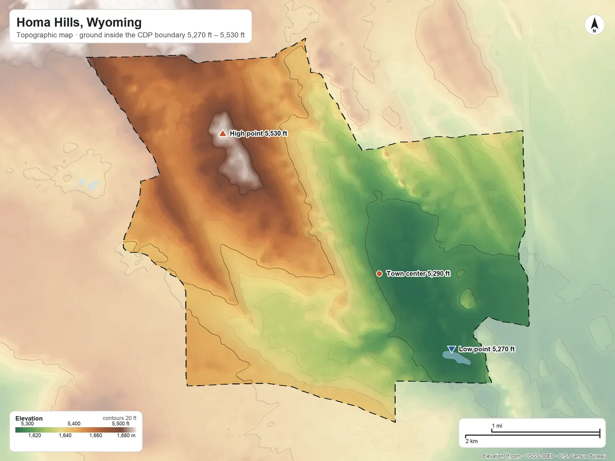 Topographic elevation map of Homa Hills, Wyoming, shaded from 5,270 ft on the southeast side to 5,530 ft on the northwest side