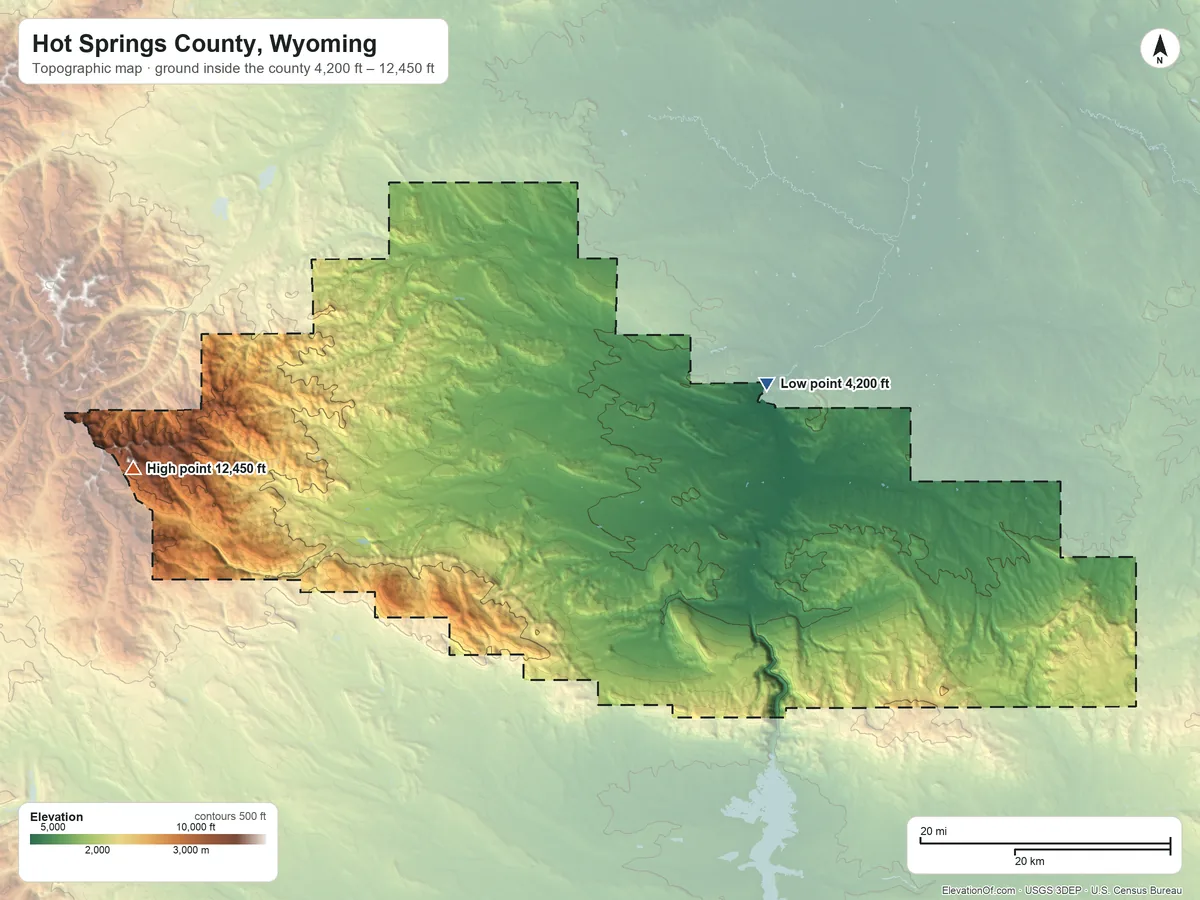 Topographic elevation map of Hot Springs County, Wyoming, shaded from 4,200 ft on the east side to 12,450 ft on Dome Mountain