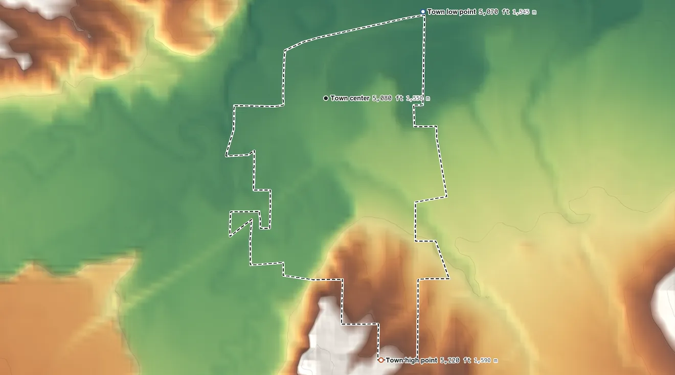 Topographic elevation map of Hudson, Wyoming, shaded from 5,070 ft on the northeast side to 5,220 ft on the south side