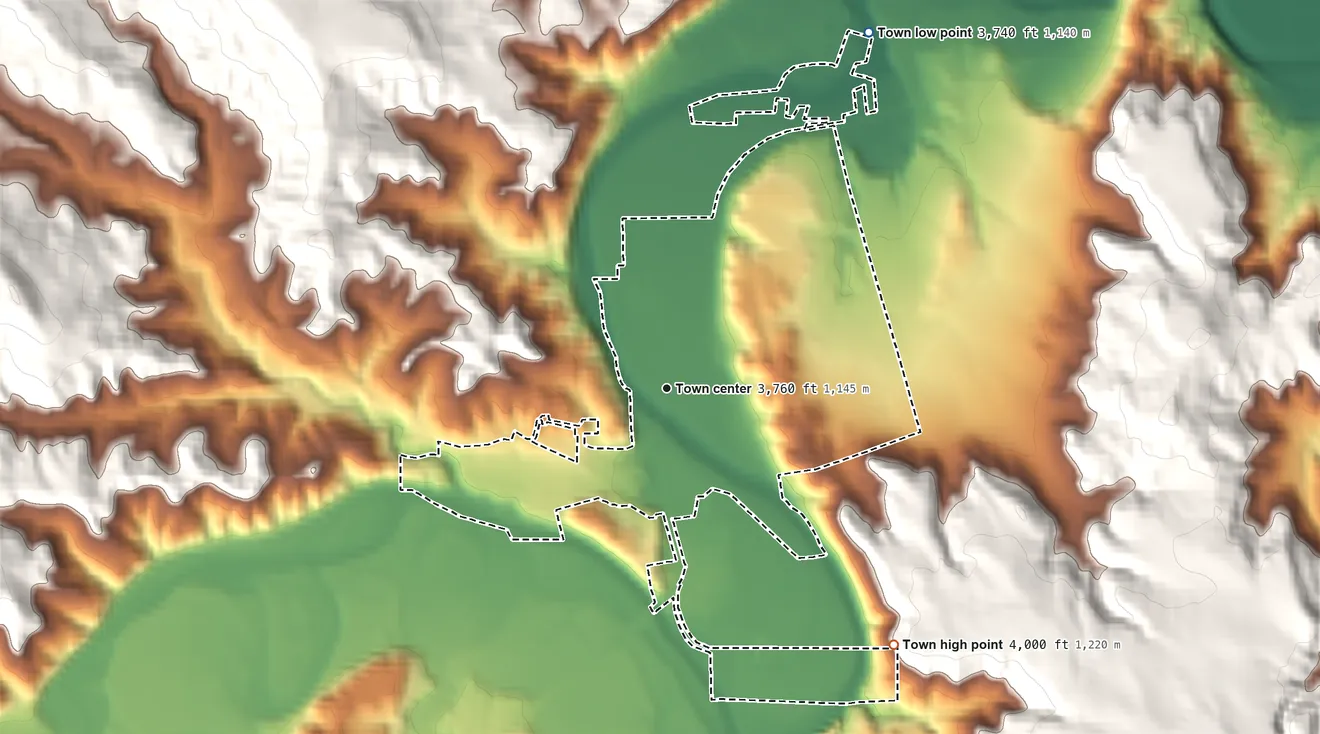 Topographic elevation map of Hulett, Wyoming, shaded from 3,740 ft on the northeast side to 4,000 ft on the southeast side