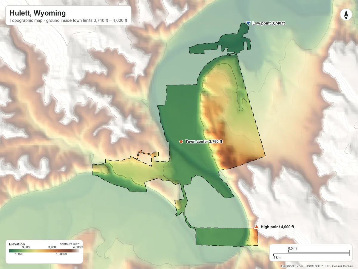 Topographic elevation map of Hulett, Wyoming, shaded from 3,740 ft on the northeast side to 4,000 ft on the southeast side