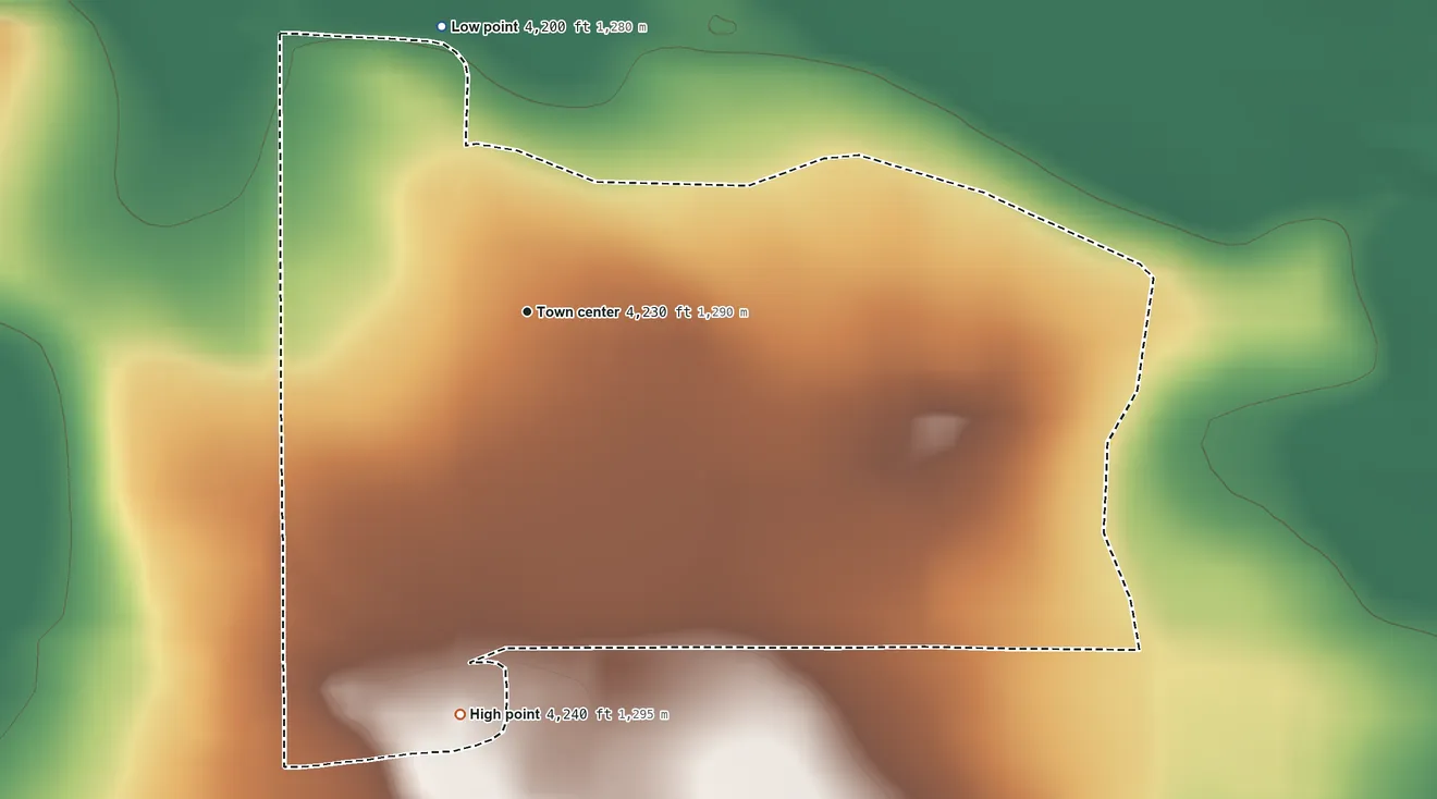 Topographic elevation map of Huntley, Wyoming, shaded from 4,200 ft on the north side to 4,240 ft on the south side