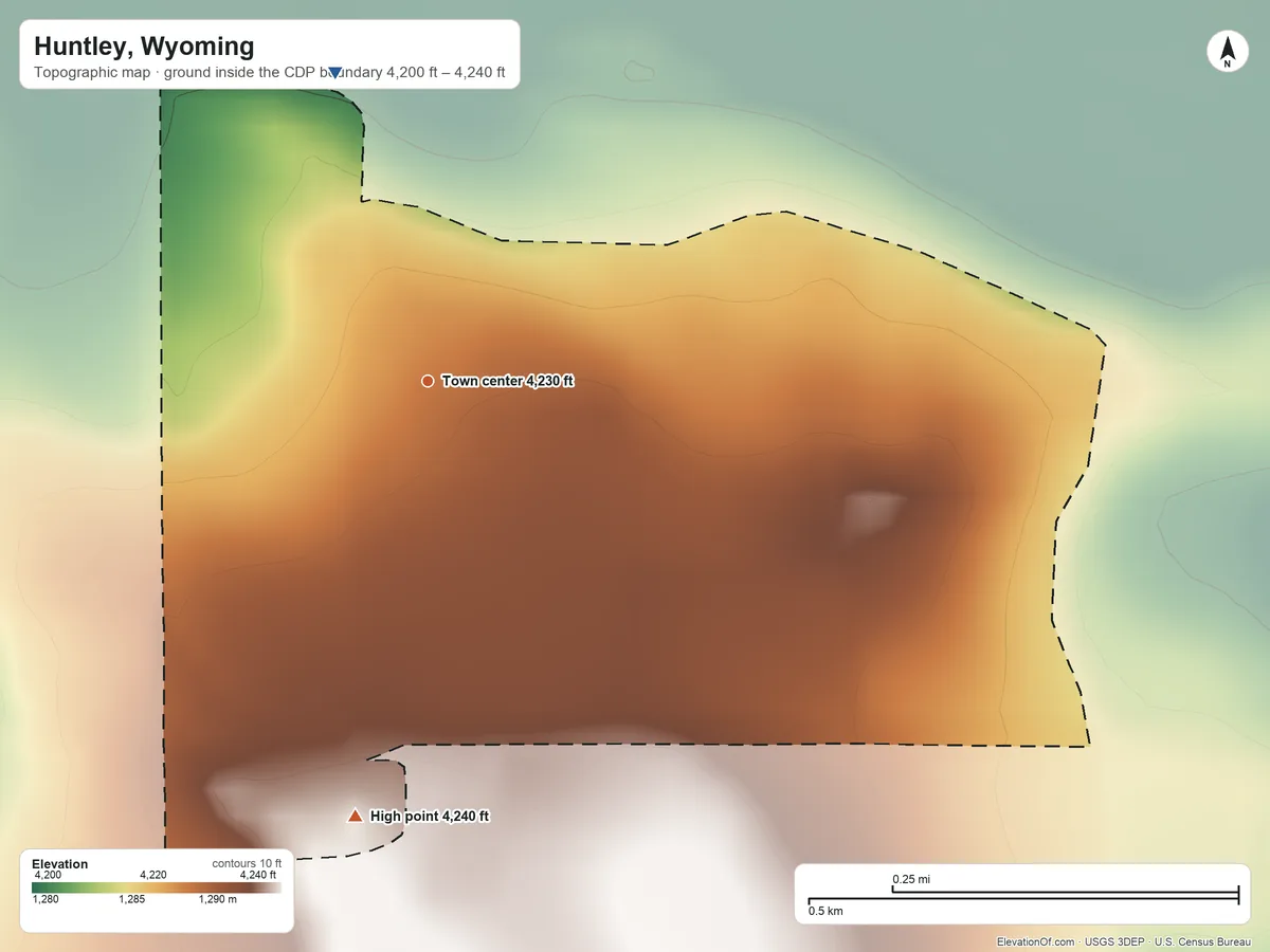 Topographic elevation map of Huntley, Wyoming, shaded from 4,200 ft on the north side to 4,240 ft on the south side