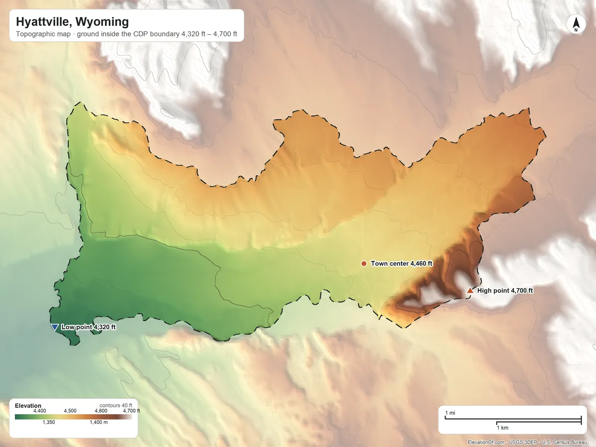 Topographic elevation map of Hyattville, Wyoming, shaded from 4,320 ft on the west side to 4,700 ft on the east side