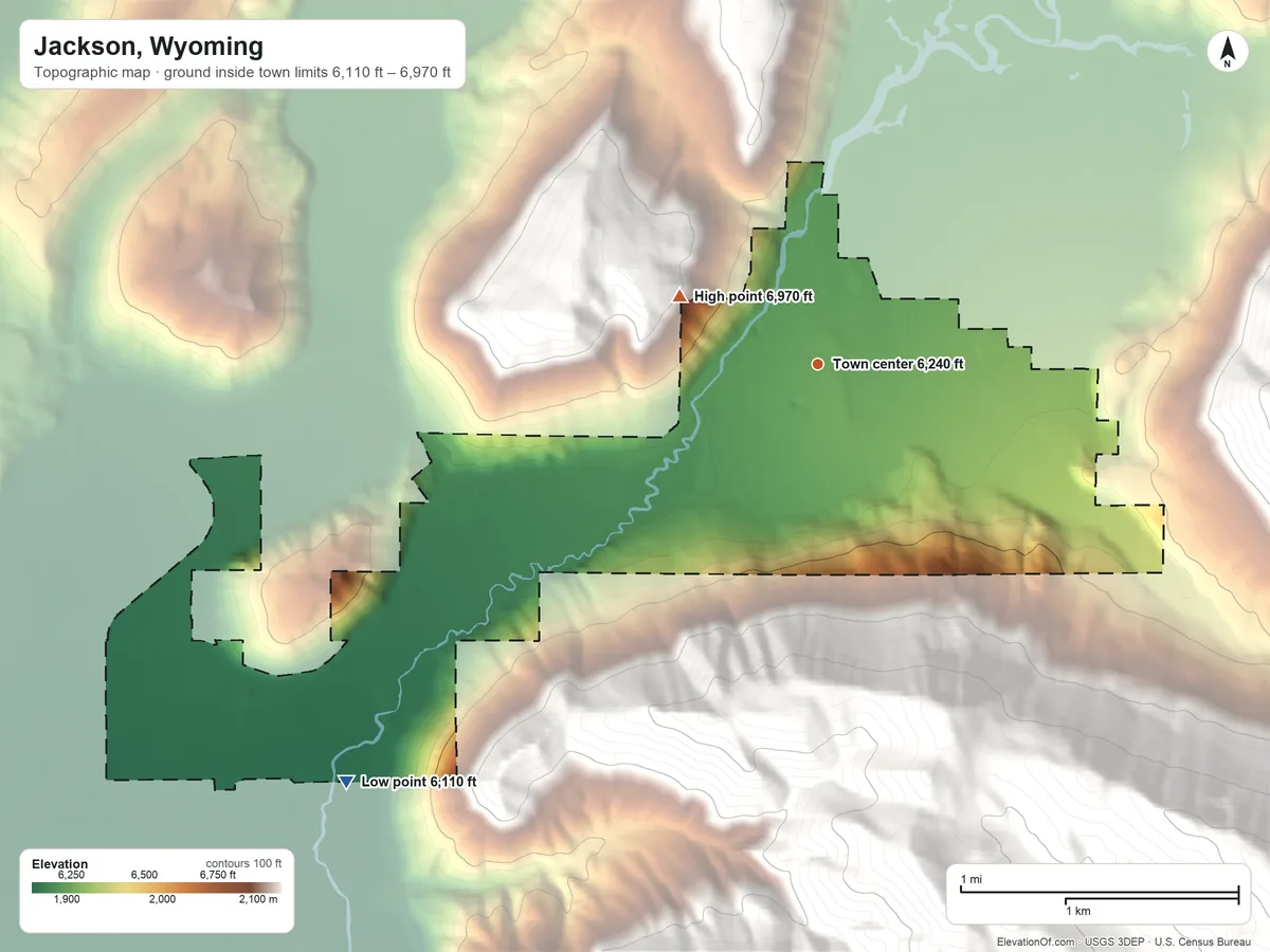 Topographic elevation map of Jackson, Wyoming, shaded from 6,110 ft on the southwest side to 6,970 ft at the foot of the Rocky Mountains