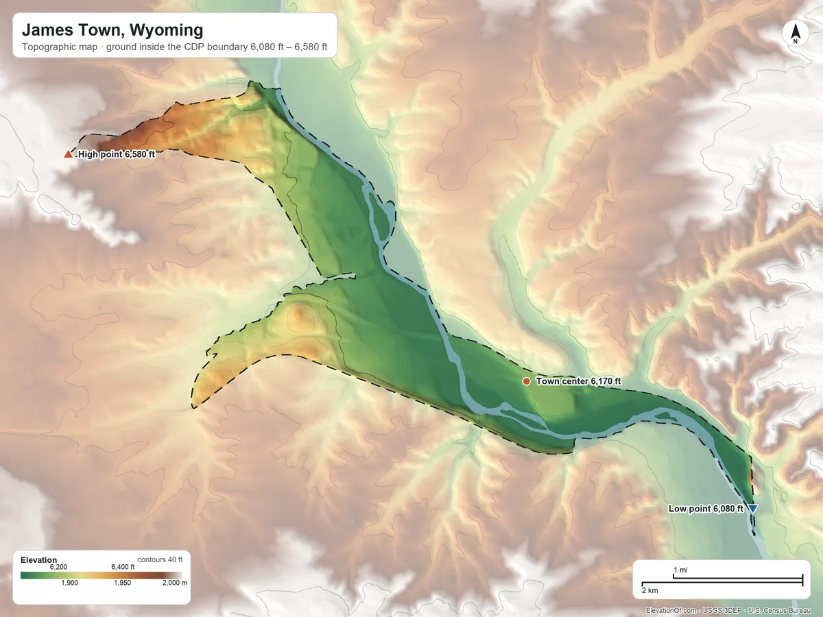 Topographic elevation map of James Town, Wyoming, shaded from 6,080 ft on the southeast side to 6,580 ft on the northwest side
