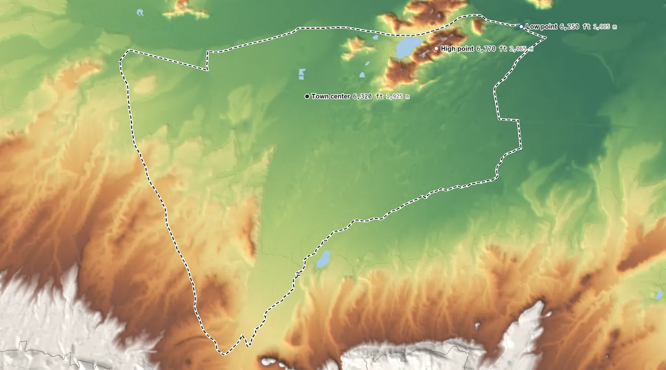 Topographic elevation map of Jeffrey City, Wyoming, shaded from 6,250 ft on the east side to 6,770 ft on the east side