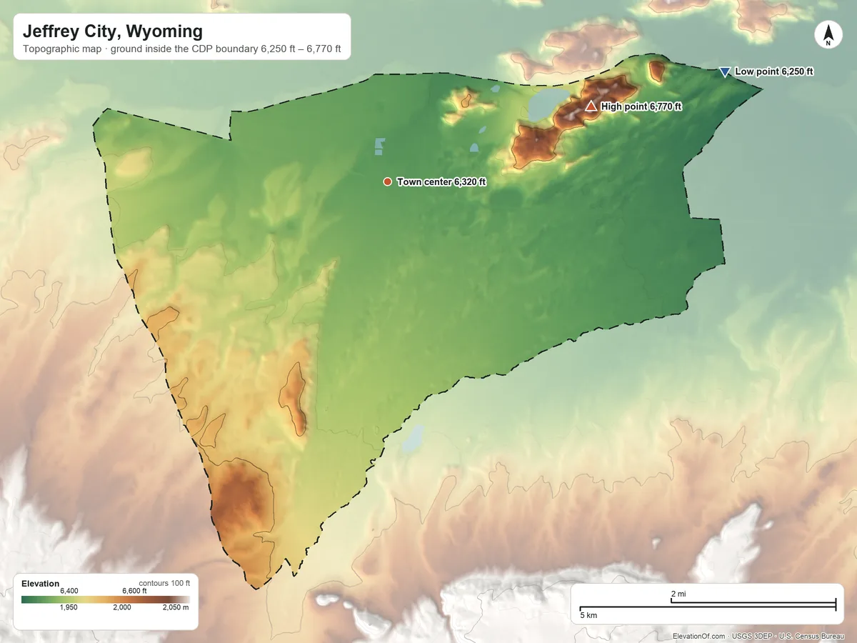 Topographic elevation map of Jeffrey City, Wyoming, shaded from 6,250 ft on the east side to 6,770 ft on the east side