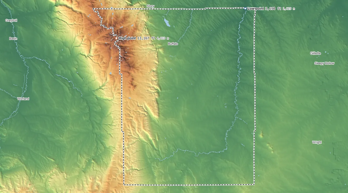 Topographic elevation map of Johnson County, Wyoming, shaded from 3,690 ft on the northeast side to 13,167 ft on Cloud Peak