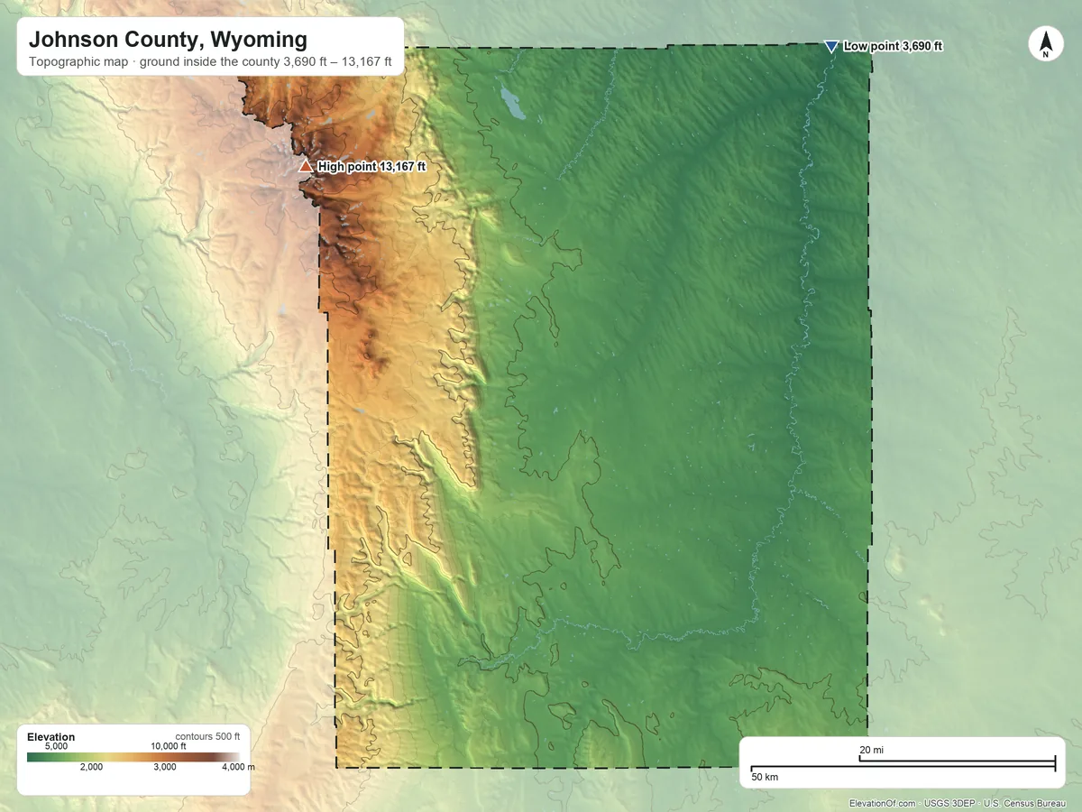 Topographic elevation map of Johnson County, Wyoming, shaded from 3,690 ft on the northeast side to 13,167 ft on Cloud Peak