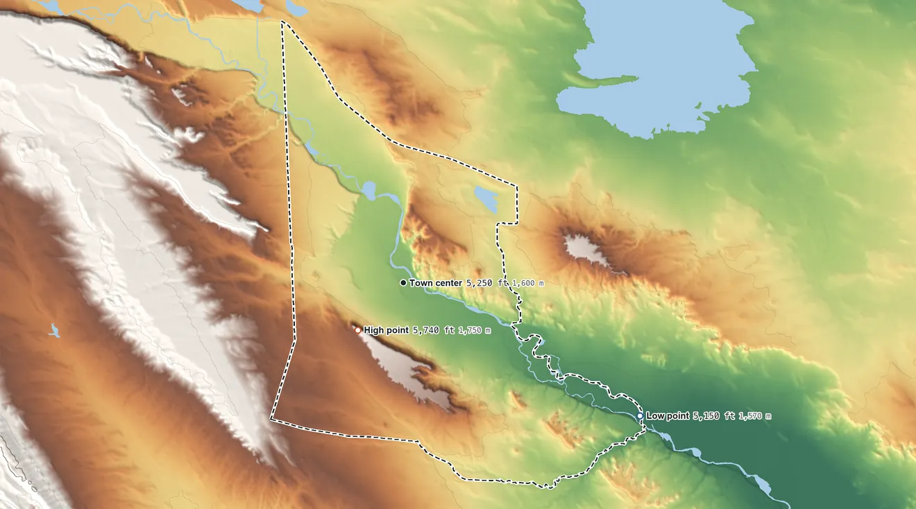 Topographic elevation map of Johnstown, Wyoming, shaded from 5,150 ft on the southeast side to 5,740 ft on Mule Butte