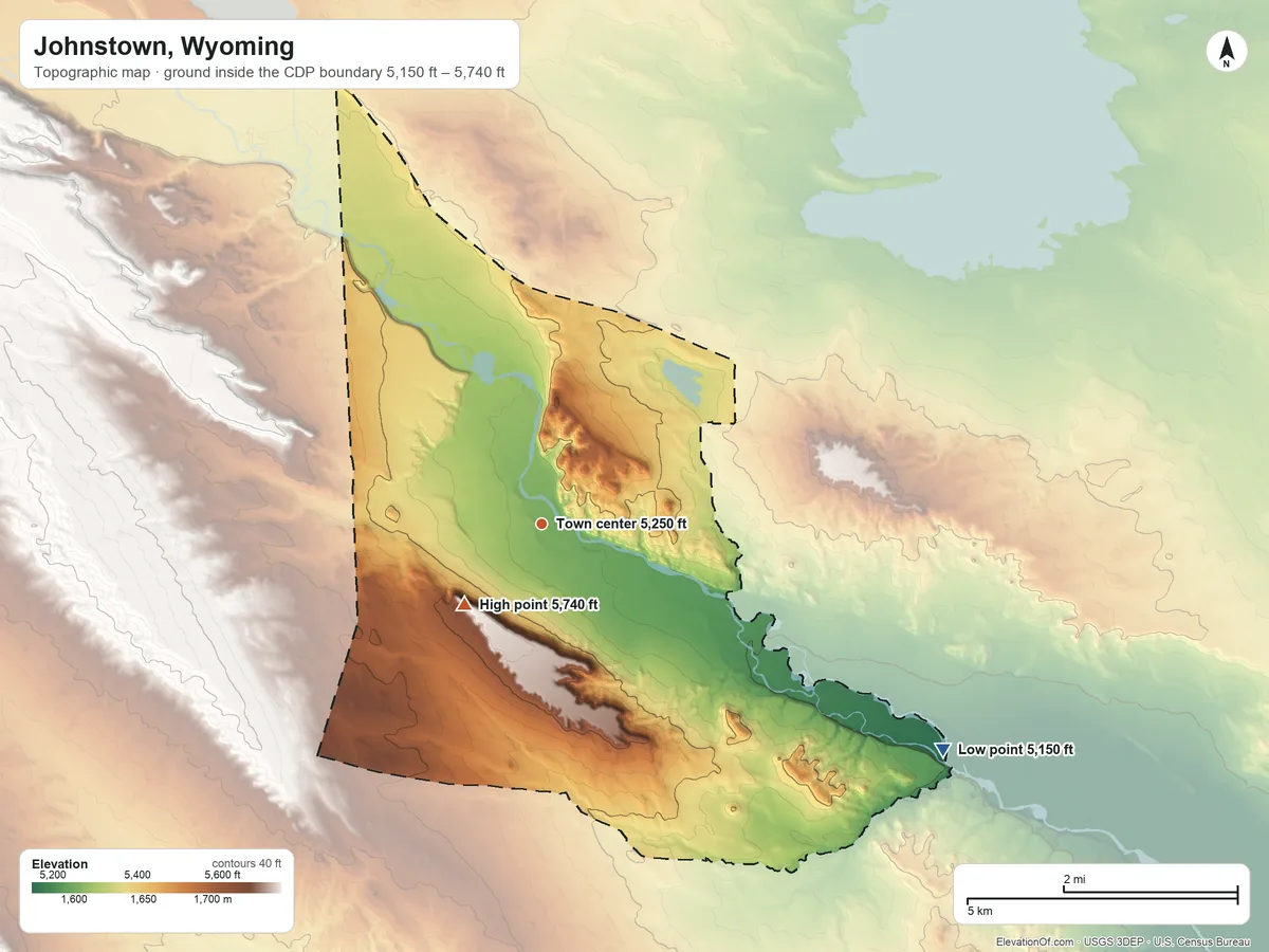 Topographic elevation map of Johnstown, Wyoming, shaded from 5,150 ft on the southeast side to 5,740 ft on Mule Butte