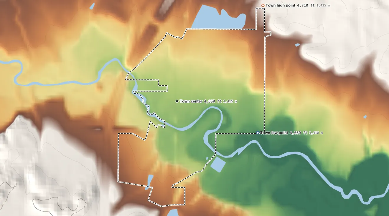 Topographic elevation map of Kaycee, Wyoming, shaded from 4,630 ft on the east side to 4,710 ft on the northeast side